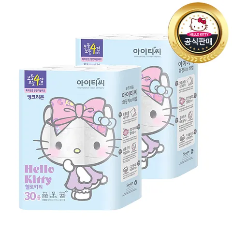 4겹 천연펄프 뉴헬로키티 핑크리본 양면데코 화장지 30롤x2팩