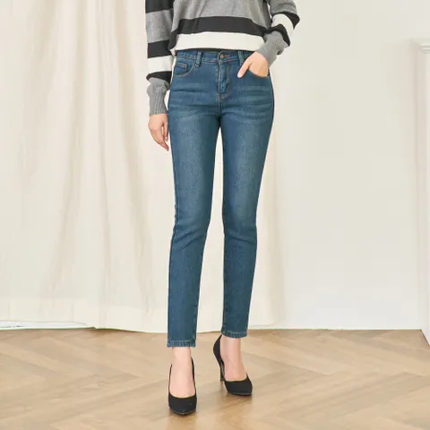 본딩기모 스키니진 허리밴드 블루 주름 워싱 여성 따뜻한 청바지