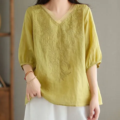 인피어스 중년 자수 반팔 블라우스 I263-0145