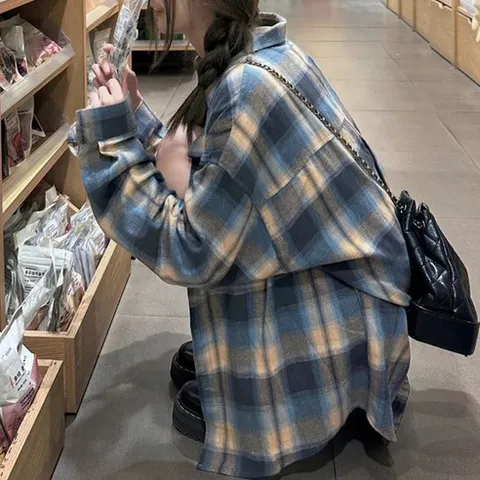 라라티나 여성용 루즈핏 캐주얼 체크 남방 긴팔 셔츠