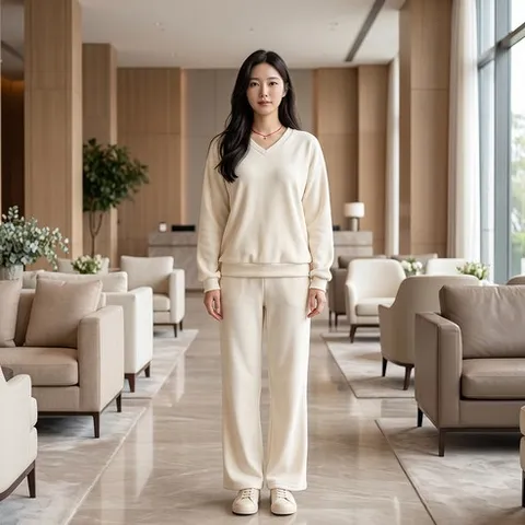 인피어스 여성용 브이넥 심플 라운지웨어 상하의 세트 I263-0968