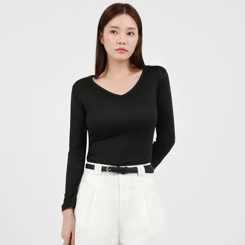 엘쏘 여성용 브이넥 베이직 슬림핏 이너 기본 긴팔 티셔츠