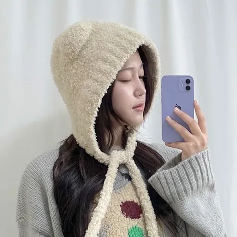 베어 곰돌이 귀 뽀글 양털 부클 후드 겨울 귀달이 모자 남녀공용 바라클라바 방한모자