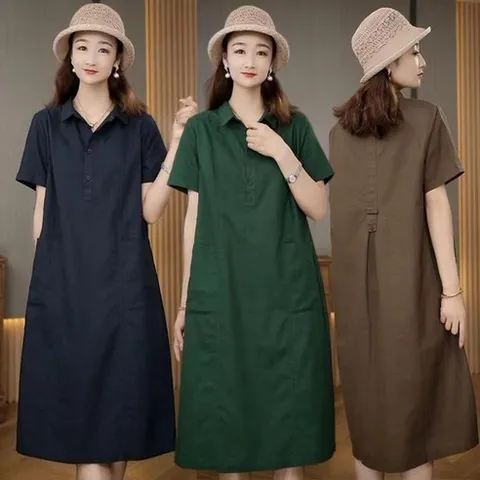 순색 면 마 원피스 여름치마 린넨 반팔 카라원피스 심플 포켓 미디스커트