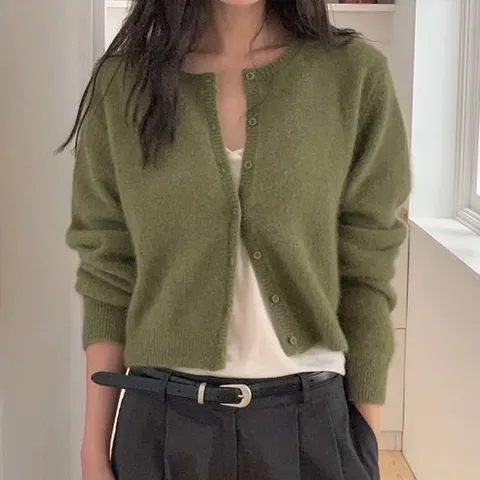 베르가못 여성 라쿤 캐시미어 울 라운드 가디건 니트