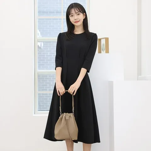 프롬코 여성 7부소매 핀턱 롱 원피스 FRC180