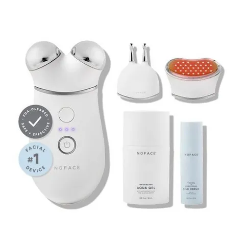 NuFACE 트리니티 미세 전류 페이셜 디바이스 주름 개선제 효과적인 립 및 아이 부착 FDA 표적 치료용 페이스 토닝 승인 젤 활성제 실크 크림, TRINITY+ Complete Set