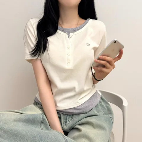 리오르 레이어드 헨리넥 와펜 반팔 티셔츠 일체형 여리핏