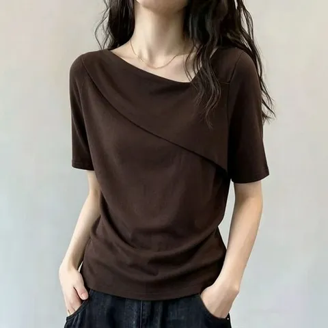 ZIVIA 여성 비대칭 랩 블라우스 검정 브이넥 반소매 루즈핏 셔링 오피스룩 데일리 상의