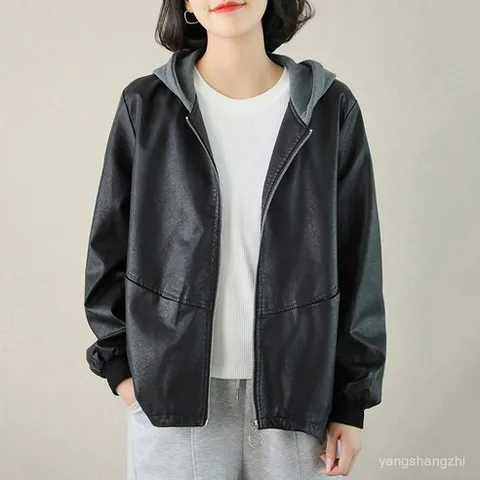 지디오 여성 가죽 자켓 후드 긴팔 숏 점퍼