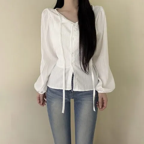 VANANA2 국내생산 페미닌 스트랩 긴팔 블라우스