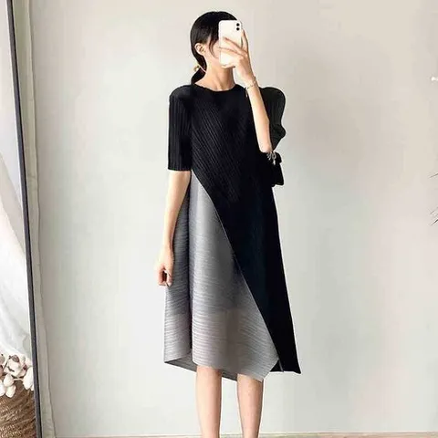 FINE ART 여성 레이어드 플리츠 원피스 오버핏 롱 주름옷 냉감 반팔 원피스 스판 여름원피스 데일리