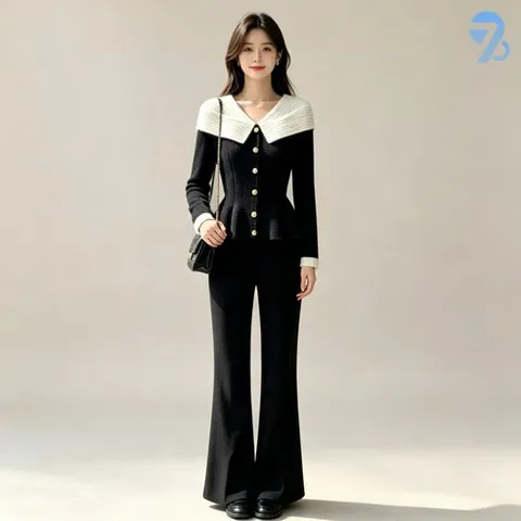 708090 여성용 블랙화이트 콤비 투피스 세트