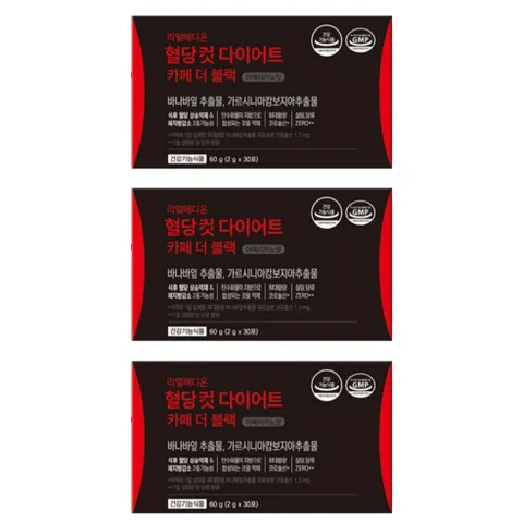 리얼메디온 혈당컷 다이어트 카페 더 블랙 아메리카노맛 설탕당류ZERO 바나바잎 가르시니아캄보지아 추출물 식후혈당상승억제 체지방감소 보조제 커피맛 혈당케어 컷타임, 3박스, 60g