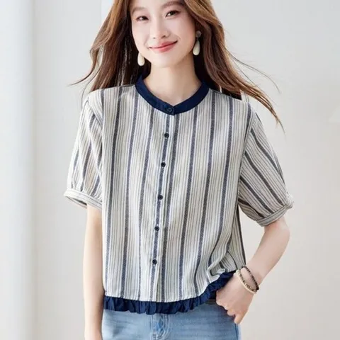 ORZQU 여성 여름 베이직 스트라이프 반팔 블라우스 프릴단 캐주얼 셔츠