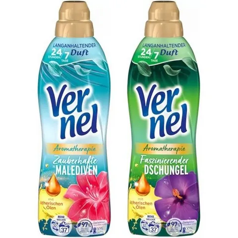 Vernel 버넬 섬유 유연제 세트 2개 37회 세탁용 74WL 아로마테라피 1개 매혹적인 정글 마법의 몰디브 24시간 신선함을 위한 에센셜 오일 함유 장시간 세탁 향기
