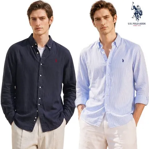 U.S POLO ASSN 남성 베이직 린넨 클래식핏 긴팔 셔츠