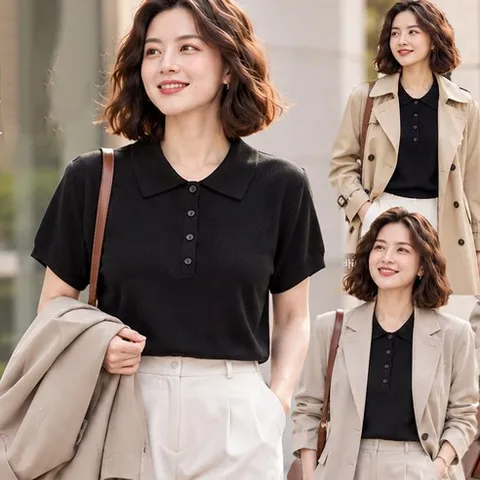 여성 봄 여름 가을 카라티 니트 반팔티 블라우스티 빅사이즈 루즈핏 버튼 니트티 데일리 오피스룩