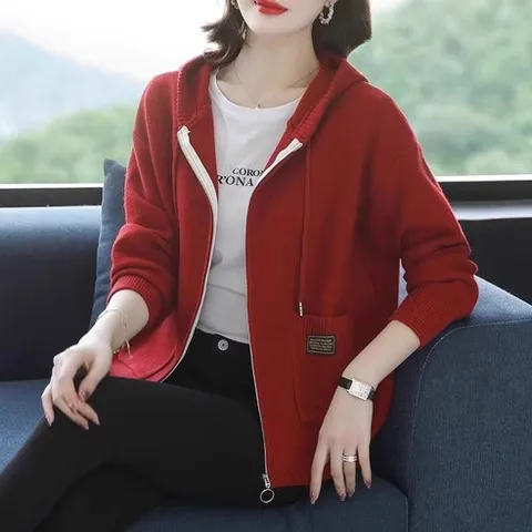 FANSYLI 여성 후드 니트 가디건 봄가을 베이직 니트집업 루즈핏 포켓 니트자켓 후드집업 데일리 캐주얼 니트 아우터 W2610O05