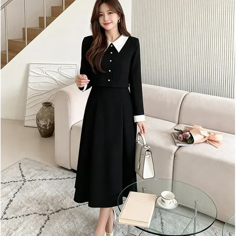 비비디아 여성 가을 화이트카라 블랙 롱원피스 숏재킷형 버튼 포인트 허리라인 정장 오피스룩 원피스 5648