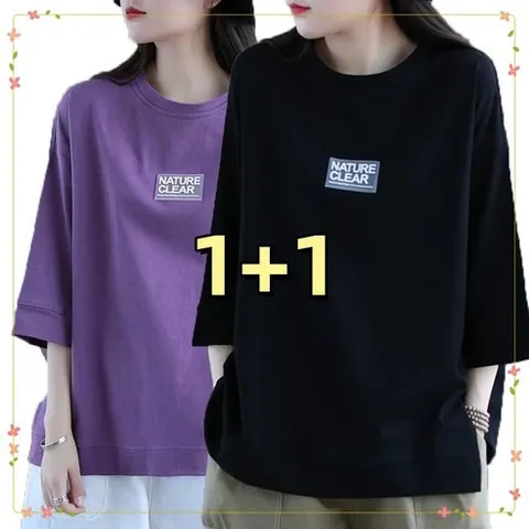 신품 1+1 여성 100%면 루즈핏 7부티셔츠 프린트 라운드티 칠부소매 티셔츠 여름여자상의 면티 2P
