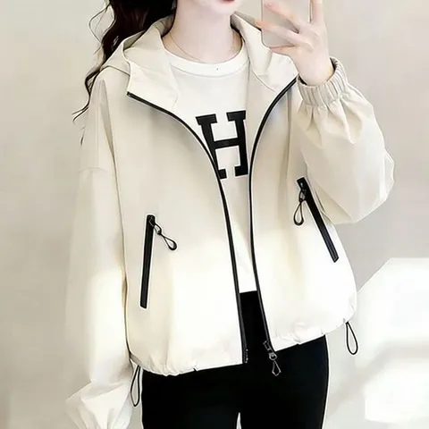 RUNYAYA 봄 가을 심플 후드 바람막이 자켓 여성용 캐주얼 루즈핏 카고 코트 스트링 밴딩 기본 긴팔 후드티
