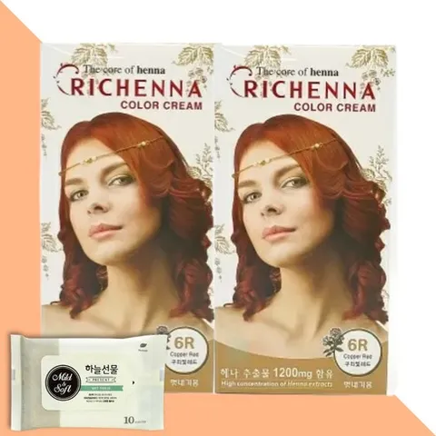 고농도 헤나 추출물 리체나 칼라크림 염색약 6R 구리빛레드 2개(+휴대용 물티슈 1개), 단품