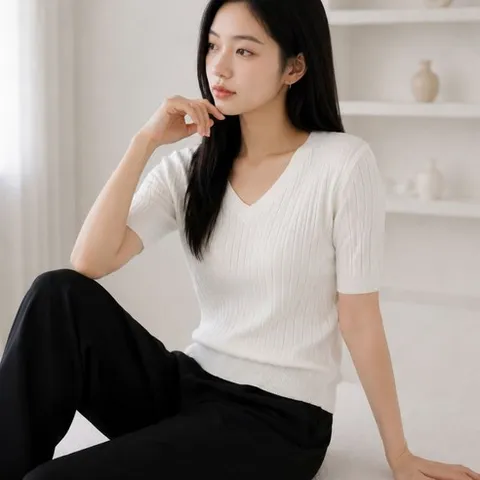 가치스토어 여성 모달 브이넥 반팔 니트 데일리 기본핏 티셔츠 출근룩