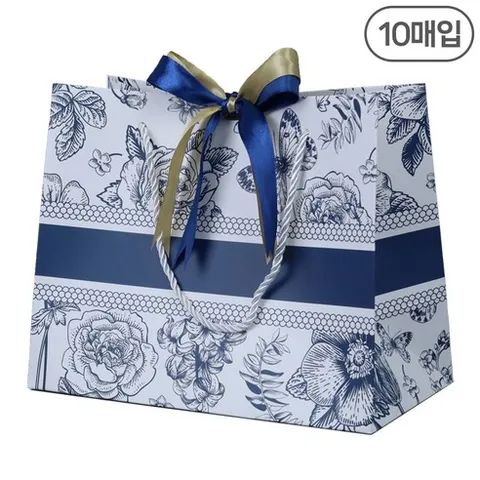 세모쇼핑백 고급 플라워패턴 쇼핑백 선물용 웨딩 답례품 종이쇼핑백 리본 종이백, @10매입@, 네이비