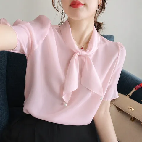 빌리즈빈여성여름블라우스쉬폰블라우스반팔블라우스리본블라우스T908