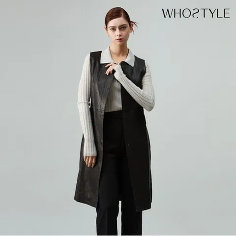후스타일 여성 라인 레더 롱 베스트 블랙