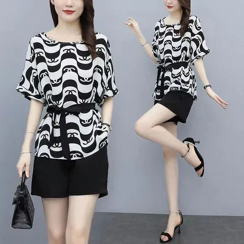 2종세트 여름 여성 쉬폰 블라우스 티셔츠 상의+반바지 2종세트 XZ994