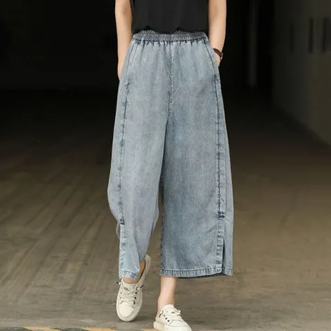 옆트임 허리밴딩 와이드 실크 데님팬츠 날씬해보이는 찰랑찰랑 쿨링 여름팬츠 9부 청바지 S-3XL