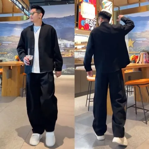 MAKABORO 빅사이즈 남성 봄가을 투피스 브이넥 카디건 와이드 팬츠 캐주얼 긴팔 투피스 세트