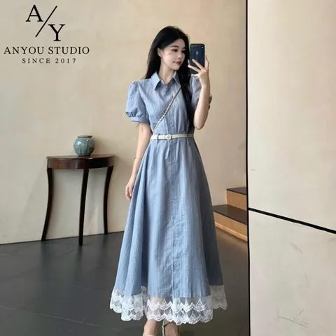 ANYOU 프렌치 감성 여성 여름 원피스 레이스 배색 루즈핏 데일리룩 빅사이즈 벨트 슬림해 보이는 롱원피스 고급스러운 하객룩 바캉스룩 오피스룩