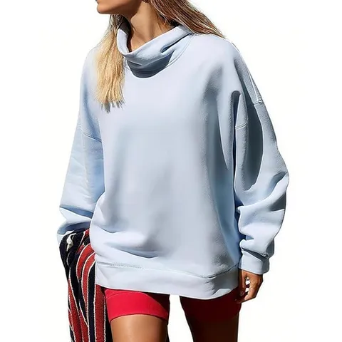 Sujama 모크넥 스웨트셔츠 여성용 오버사이즈 플리스 긴소매 터틀넥 후디 2025 캐주얼 드롭 숄더 풀오버 의류 하늘색 XL 174397