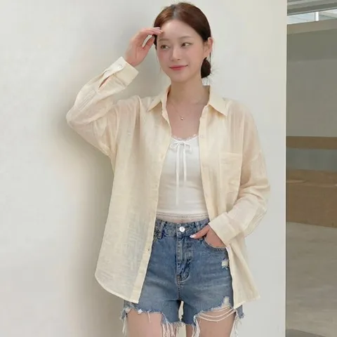 지쥬 자체제작 여성 여름 시스루 셔츠 오버핏 루즈핏 긴팔 여름 데일리 가디건 남방 빅사이즈 캐주얼