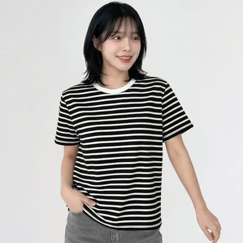 엠제이스타 여성용 베이직 줄무늬 라운드넥 스트라이프 반팔 티셔츠 5color