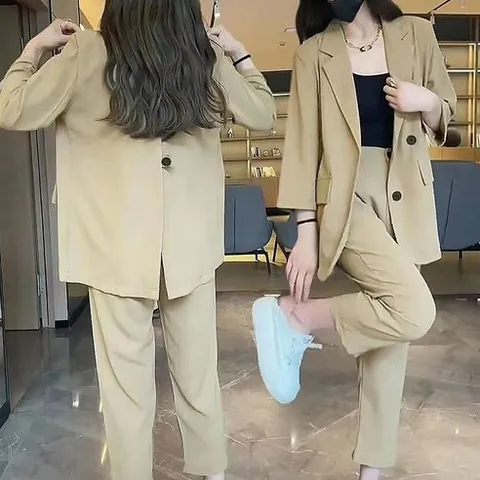 봄 여름 여성 정장세트 심플 칠부 정장자켓 슬림 루즈핏 와이드 팬츠 오피스룩 7부바지 상하 투피스 세트