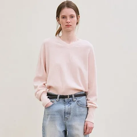[르] cashmere whole garment v-neck knit pullover (pale pink)