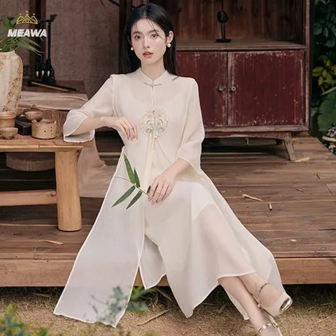 MEAWA 여성 생활한복 원피스 퓨전 철릭 드레스 개량한복 자수 쉬폰 엄마 빅사이즈 계량원피스