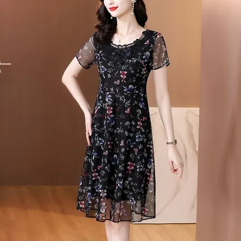 지고다그 중년 여성 여름 레이스 플라워 원피스 40대 50대 빅사이즈 반팔 쉬폰 롱원피스 우아한 엄마룩 YZH72495
