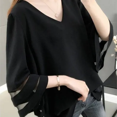 죠니제리 여성 빅사이즈 블라우스 여름 쉬폰 브이넥 체형커버 블라우스