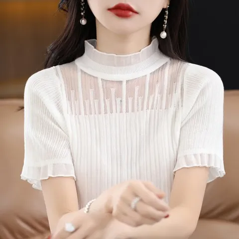 POMTOR 여성 여름 쉬폰 반팔티 블라우스 루즈핏