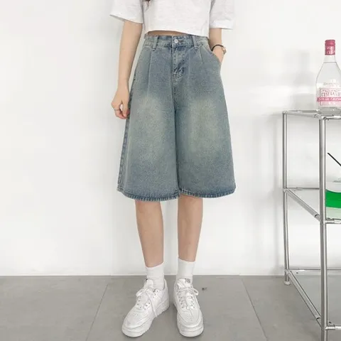 가비진 여성용 허리 조절 버뮤다 워싱 데님 팬츠 5부 청 반바지 바지