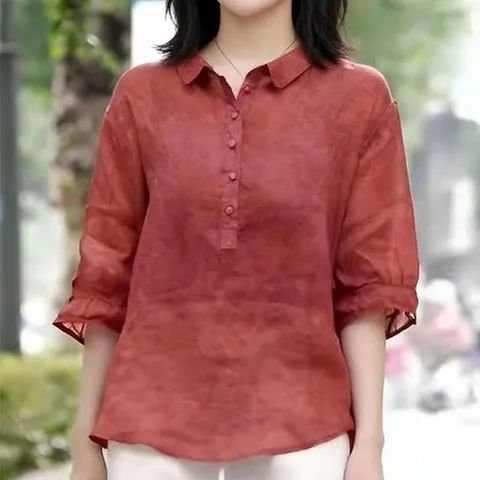 COSYEVNO 여자 여름 면마 셔츠 5부 소매 루즈핏 빅사이즈 자카드 블라우스 티셔츠