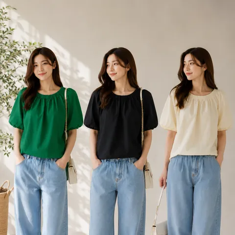 여성 여름 블렌딩 밴딩 반팔 블라우스 3set_8CMFB018