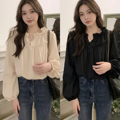 1+1 SELEAD 여성 프릴넥 셔링 퍼프소매 긴팔 블라우스 루즈핏 데일리 셔츠