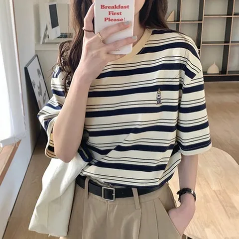 데일로엔 여성용 곰돌이 자수 줄무늬 반팔티셔츠