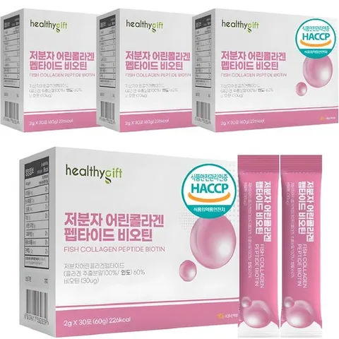 어린 콜라겐 식약처 인증 펩타이드 비오틴 피쉬콜라겐 히알루론산 저분자콜라겐 분말 스틱, 4개, 60g